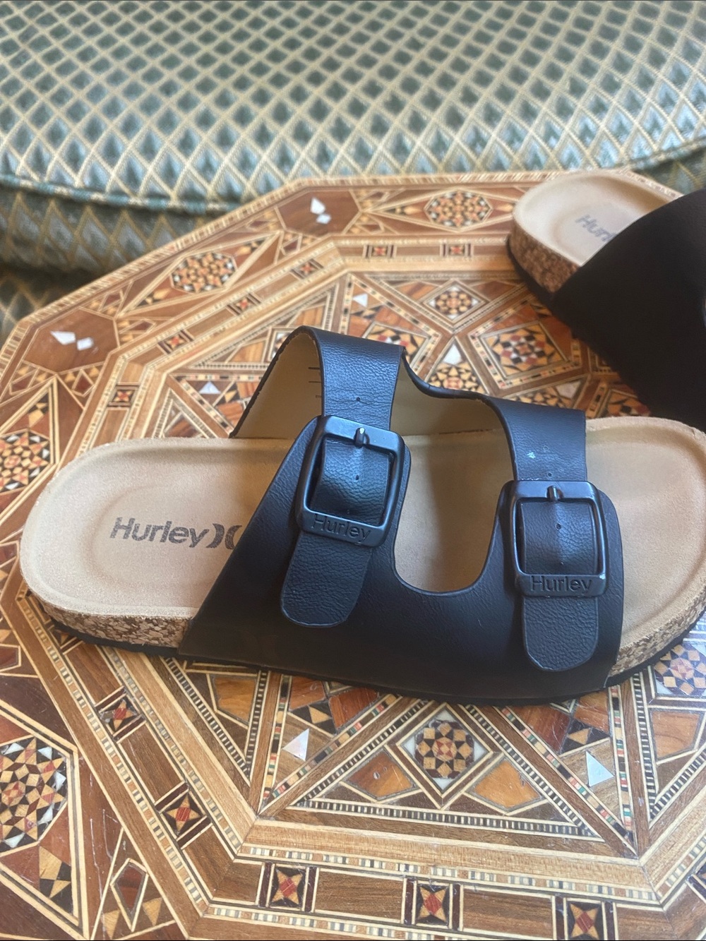 Hurley Black Double-Buckle Slide Sandals with Cork-Look Footbed